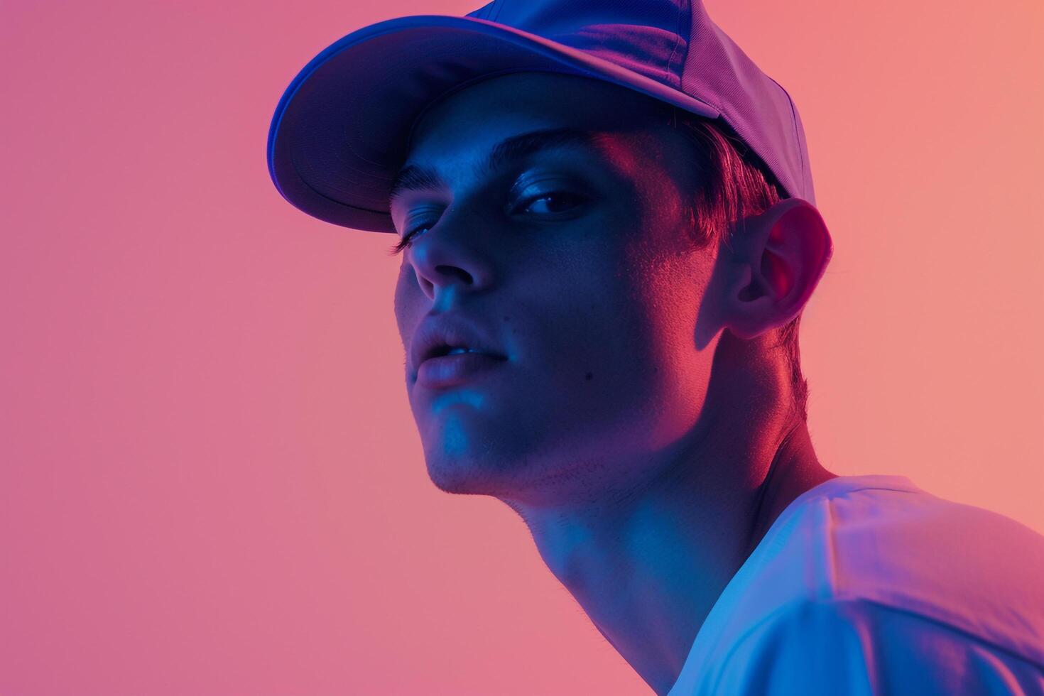 Fashion Male Model in Neon purple Cap with Neon Coral Background Trendy Lifestyle portrait for Modern Maleswear photo