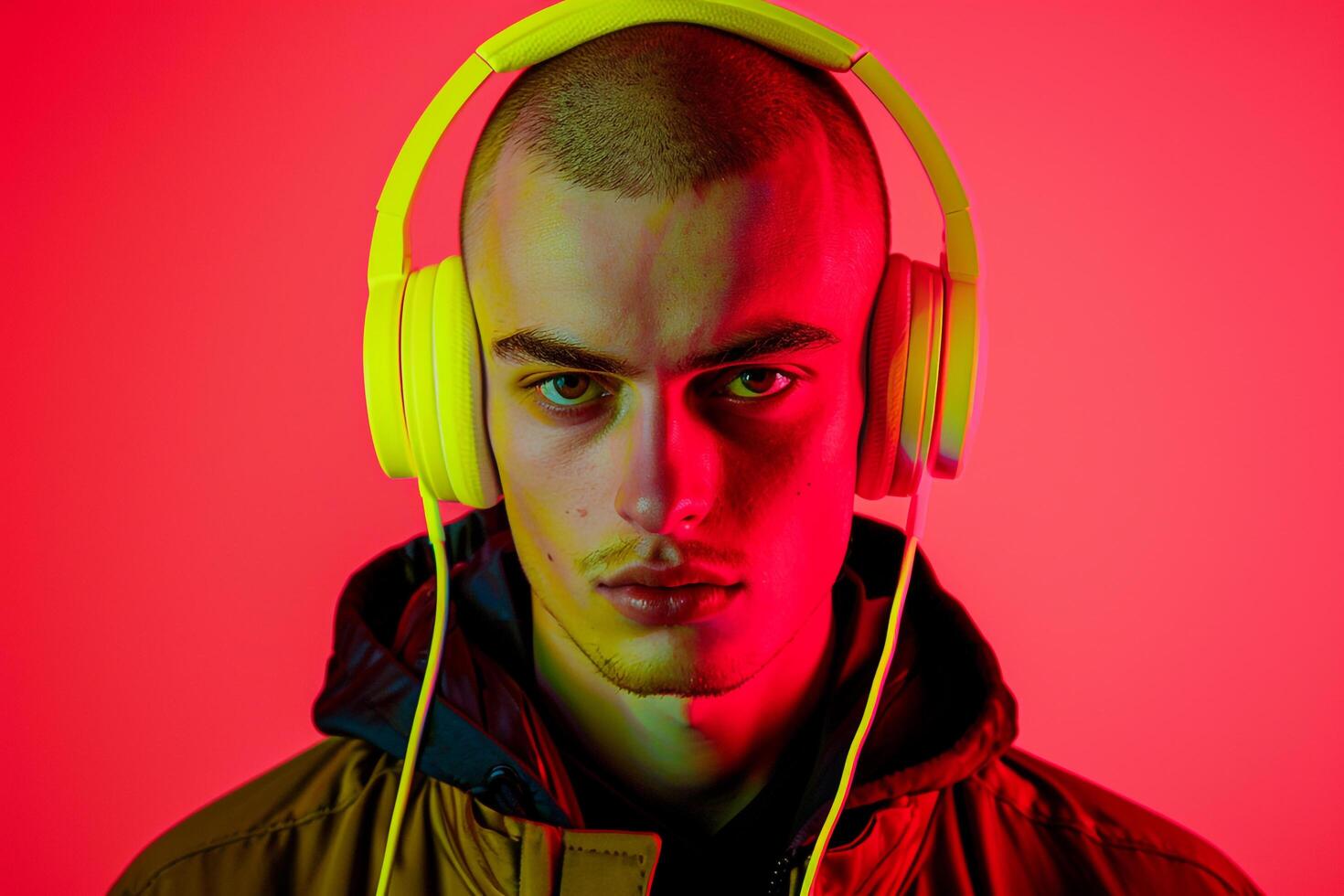 Handsome Male Model in Bright Yellow Headphones with Neon Coral Background Trendy Lifestyle portrait photo