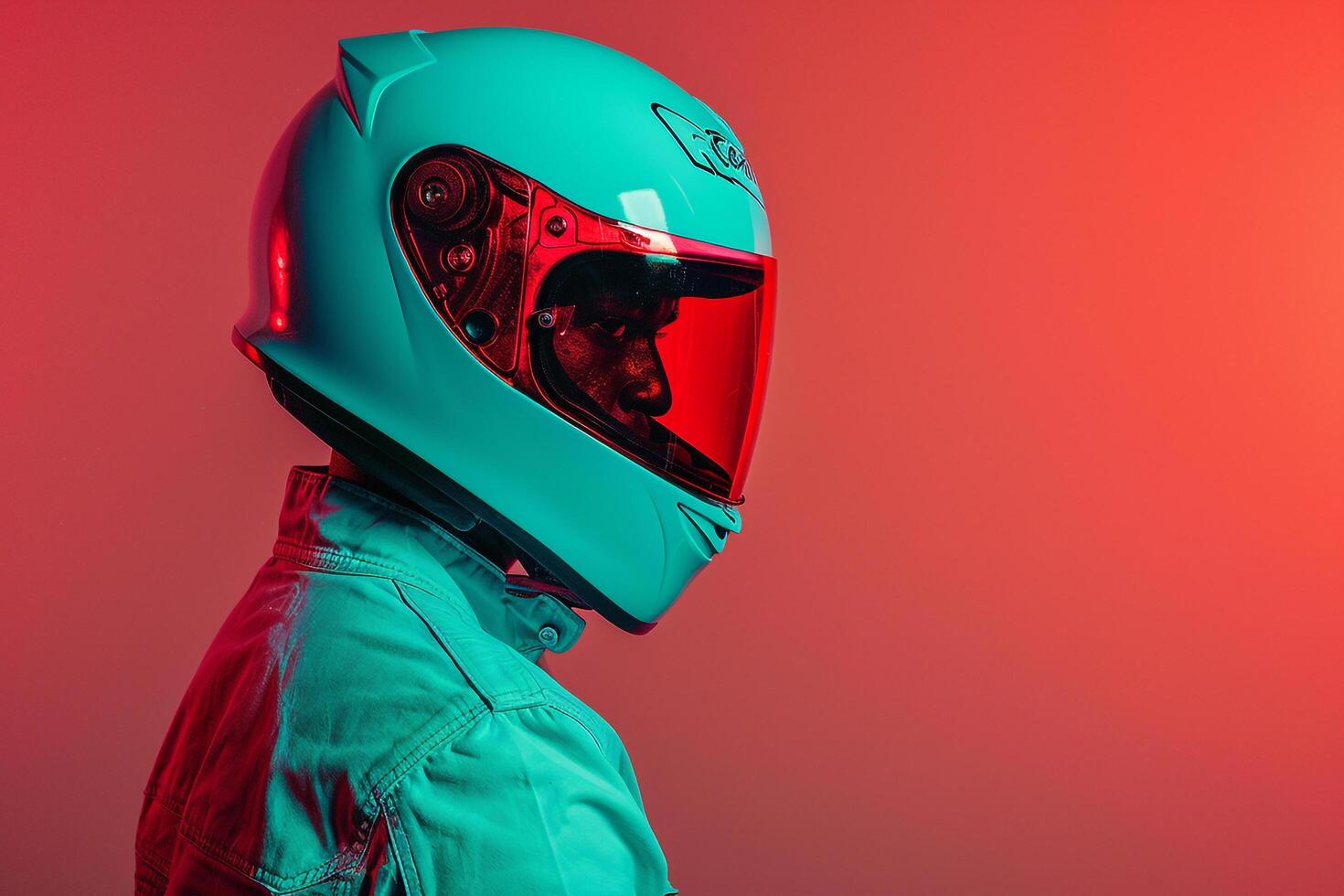 Fashionable Male Model in Neon Red Fashion Helmet with Neon Green Background Modern Lifestyle portrait photo