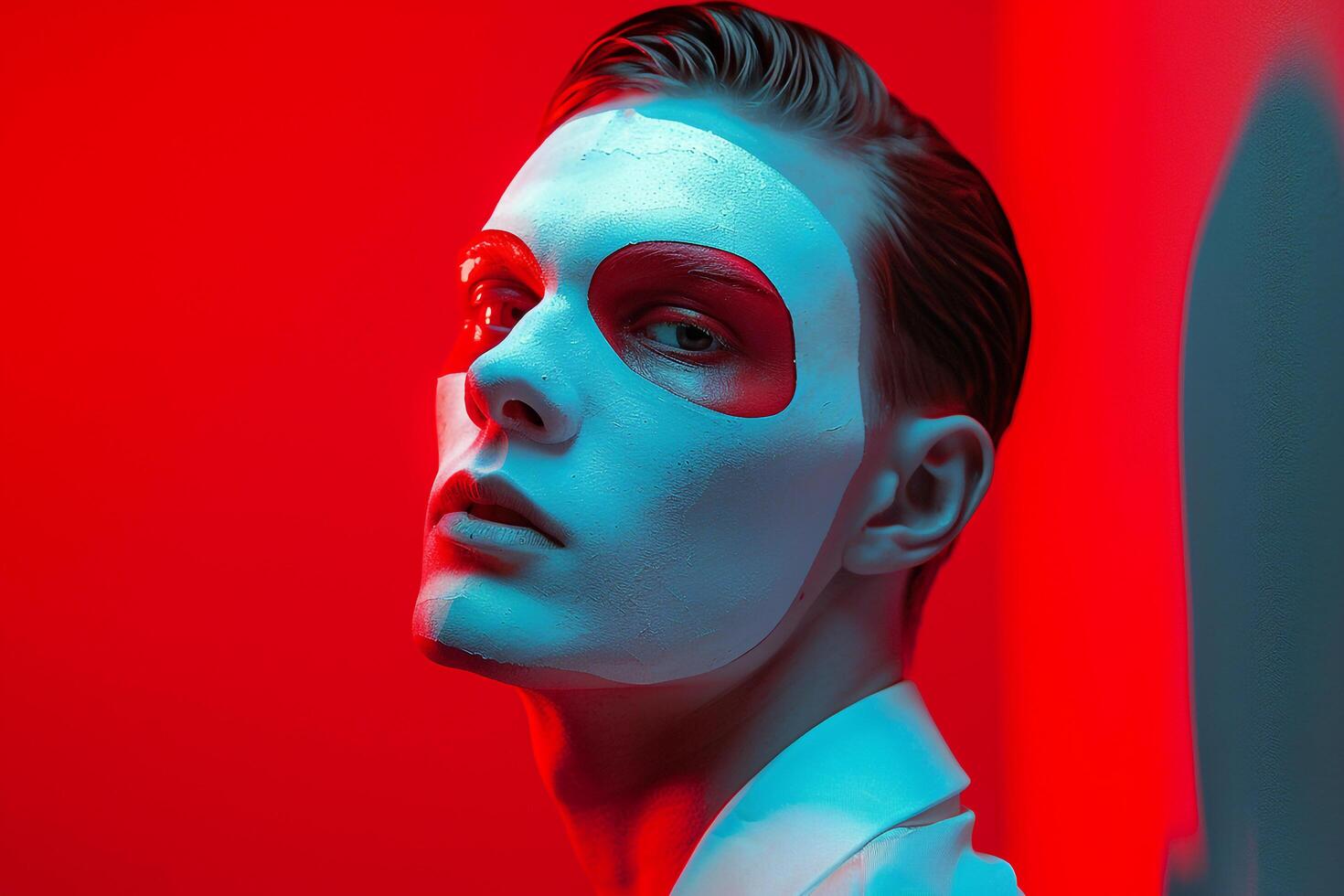 Trendy Male Model in Face Mask with Neon Red Background Stylish Lifestyle portrait for Male photo
