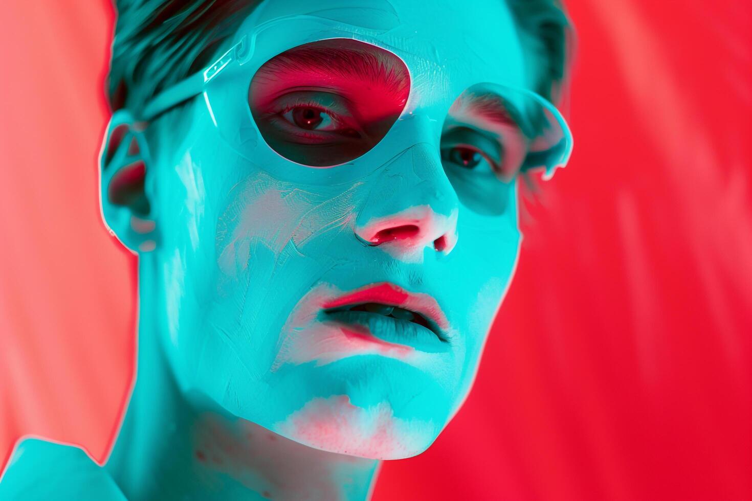 Trendy Male Model in Mint Green Face Mask with Neon Coral Background Fashionable Lifestyle portrait photo