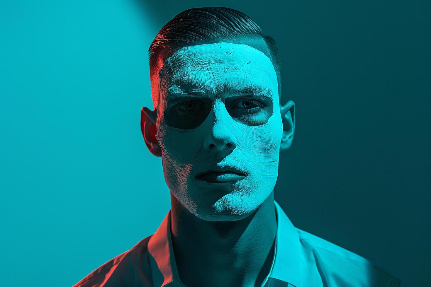 Stylish Male Model in Face Mask with Neon Teal Background Modern Lifestyle portrait for Male photo