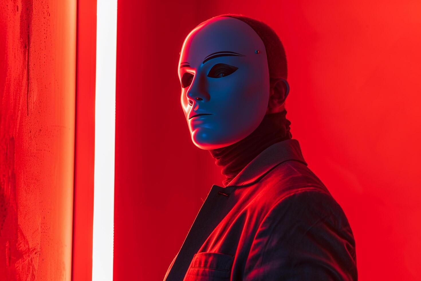 Trendy Male Model in Face Mask with Neon Red Background Modern Lifestyle portrait for Male photo