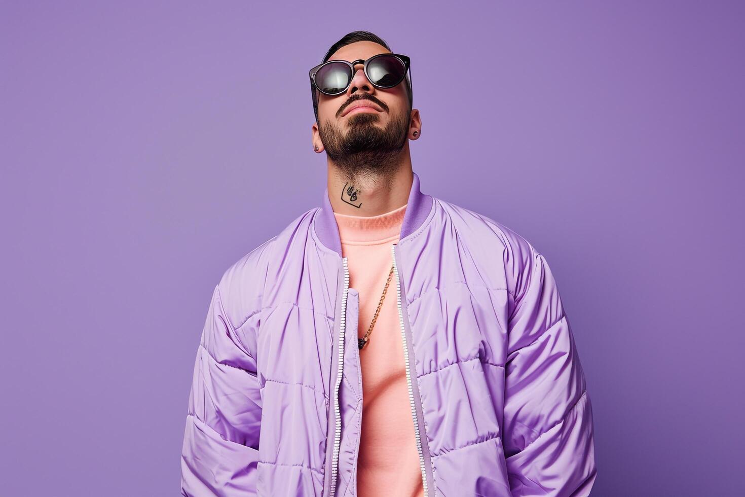 Fashionable Male Model in Trendy Zip Up Jacket with Light Lavender Background Stylish Lifestyle portrait photo