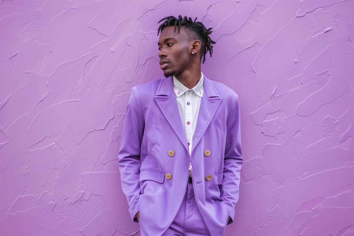 Fashionable Male Model in Trendy Zip Up Jacket with Light Lavender Background Stylish Lifestyle portrait photo