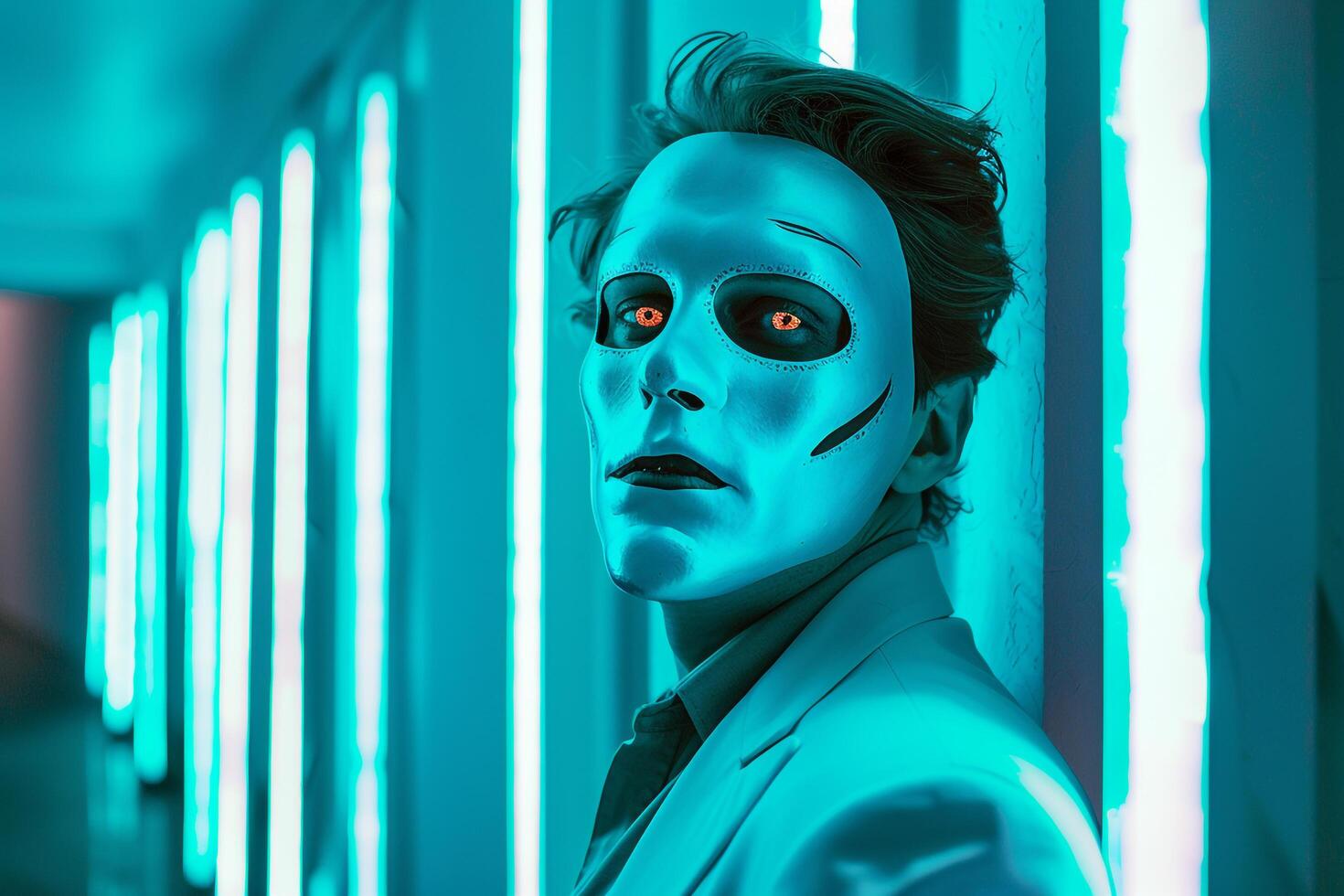 Fashionable Male Model in Face Mask with Neon Teal Background Modern Lifestyle portrait photo