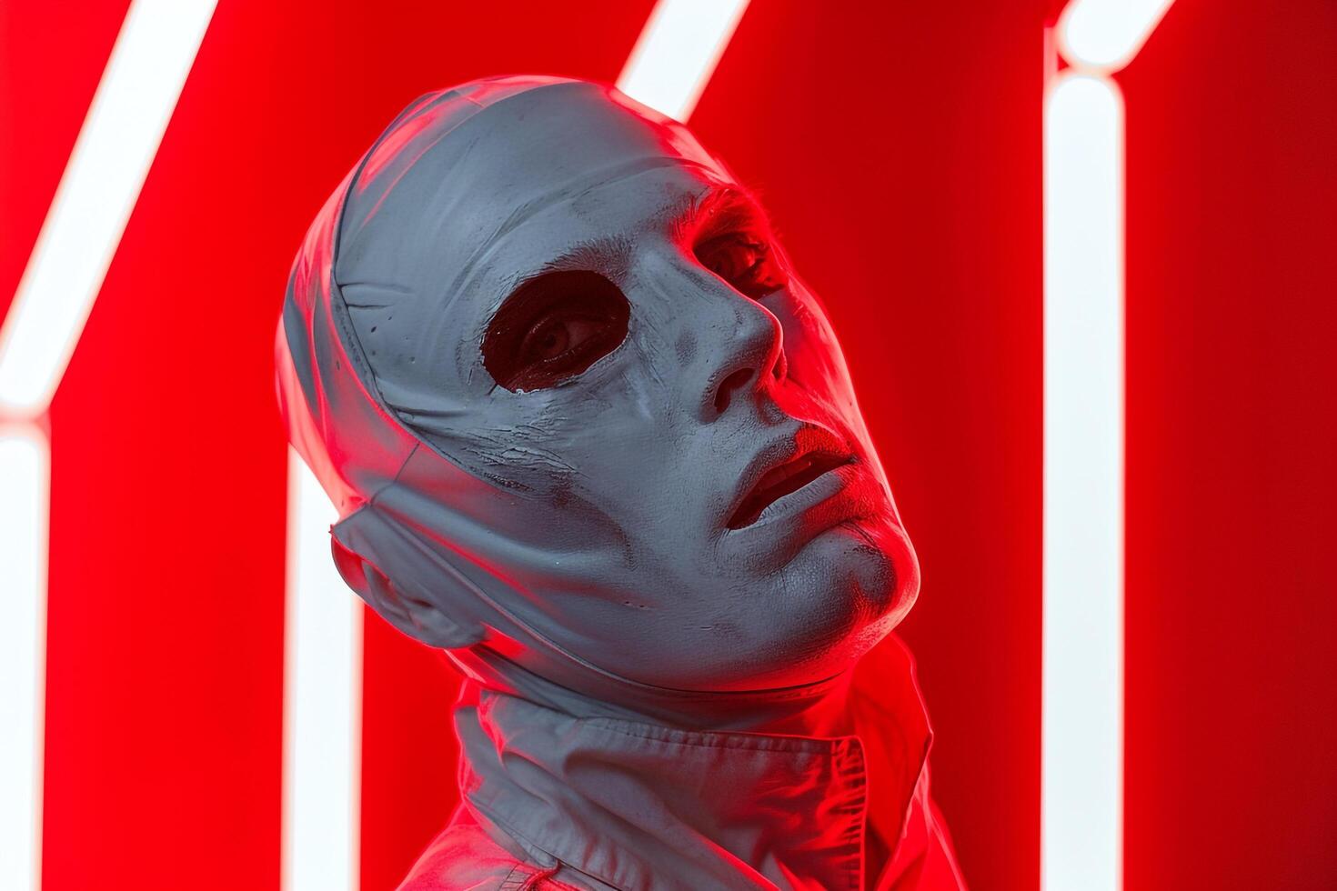 Trendy Male Model in Face Mask with Neon Red Background Fashionable Lifestyle portrait photo