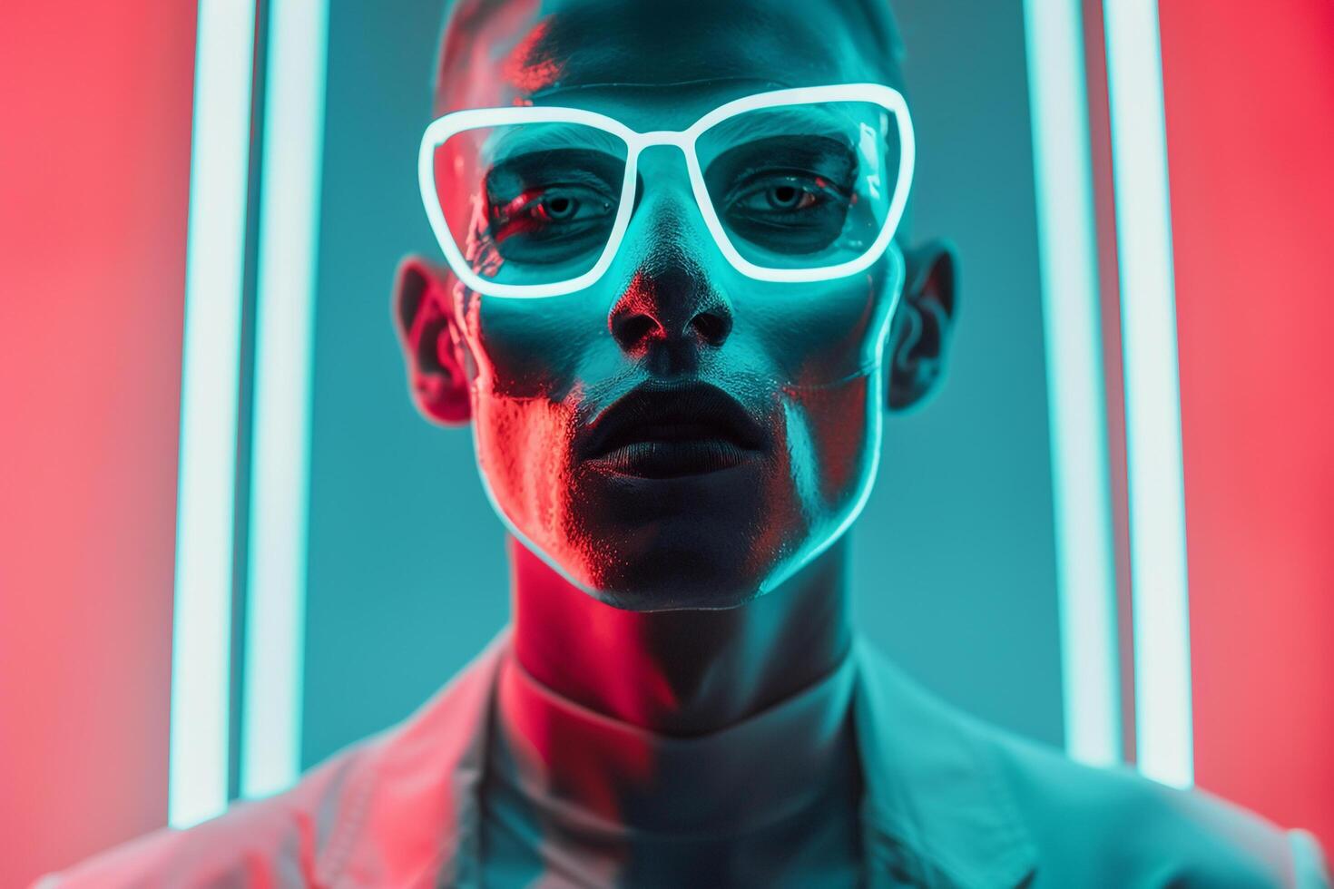 Trendy Male Model in Mint Green Face Mask with Neon Coral Background Stylish Lifestyle portrait photo
