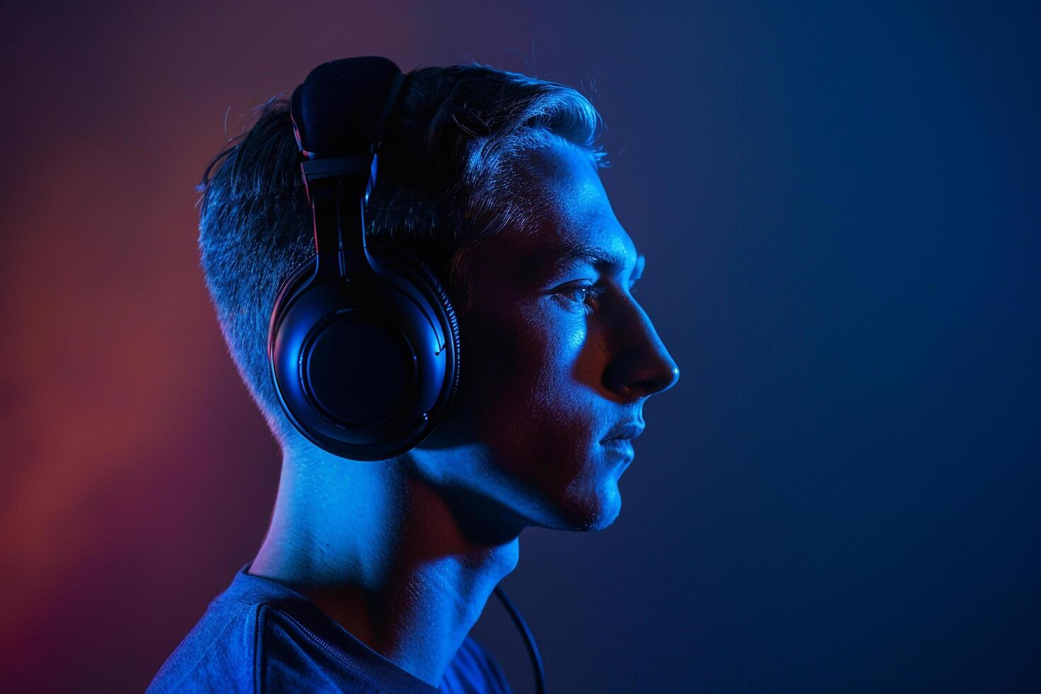 Stylish Male Model in Black Headphones with Neon Blue Background Modern Lifestyle portrait photo