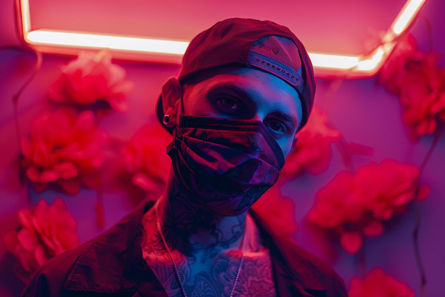 Handsome Male Model in Maroon Face Mask with Neon Coral Background Stylish and Trendy Lifestyle portrait photo