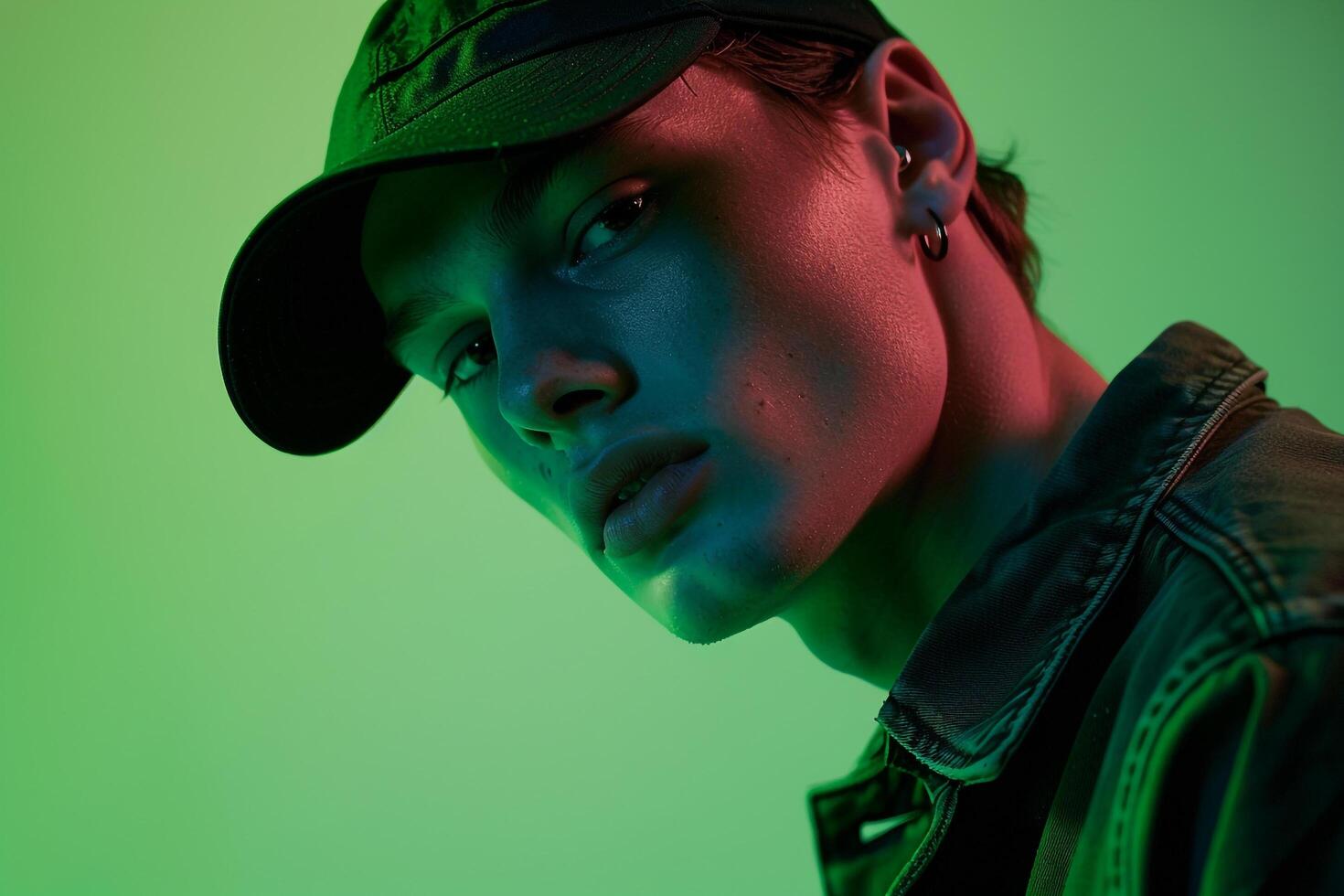 Fashionable Male Model in Charcoal Cap with Neon Green Background Contemporary Lifestyle portrait for Male photo