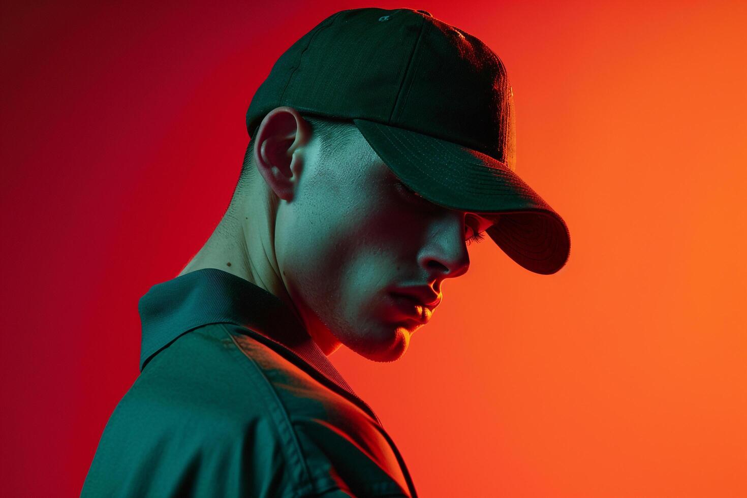 Stylish Male Model in Dark Green Cap with Neon Coral Background Trendy Lifestyle portrait for Modern Male photo