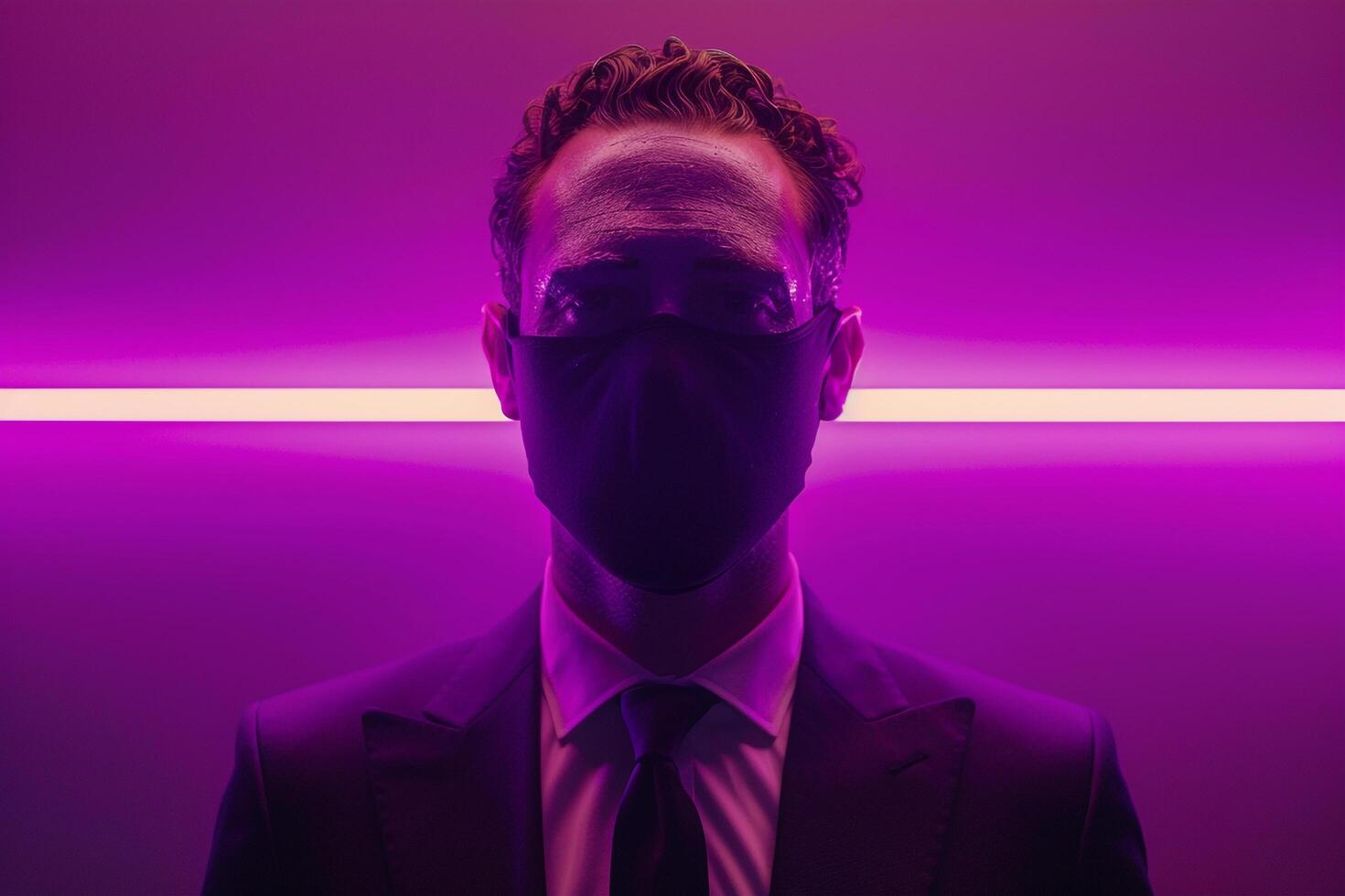 Modern Male Model in Burgundy Face Mask with Neon purple Background Trendy and Stylish Lifestyle portrait photo