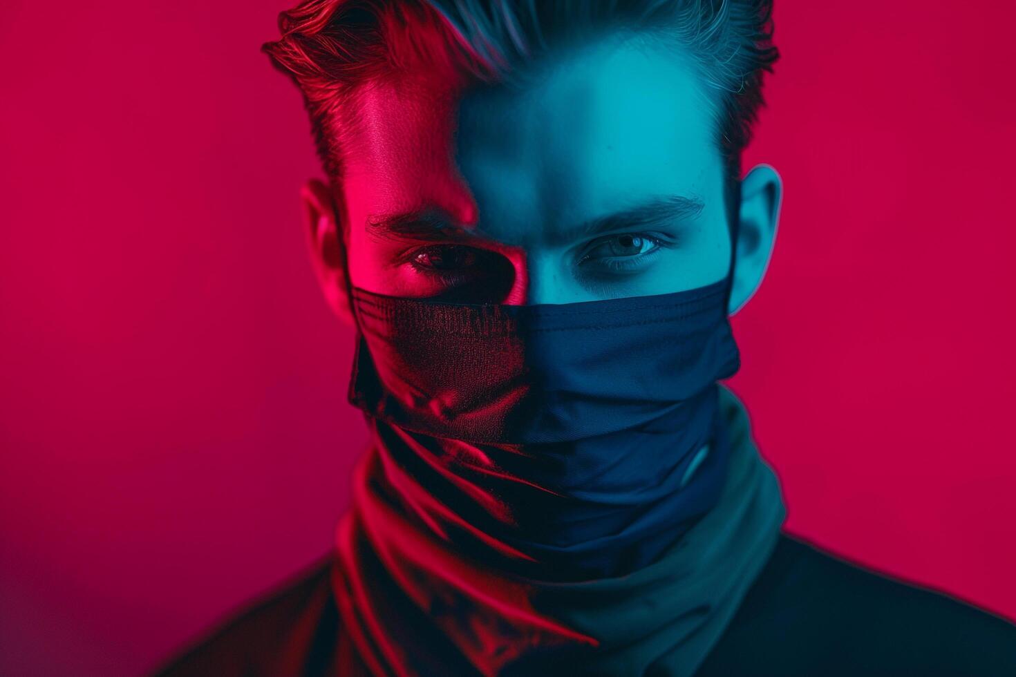 Trendy Male Model in Burgundy Face Mask with Neon Aqua Background Stylish Lifestyle portrait for Modern Male photo