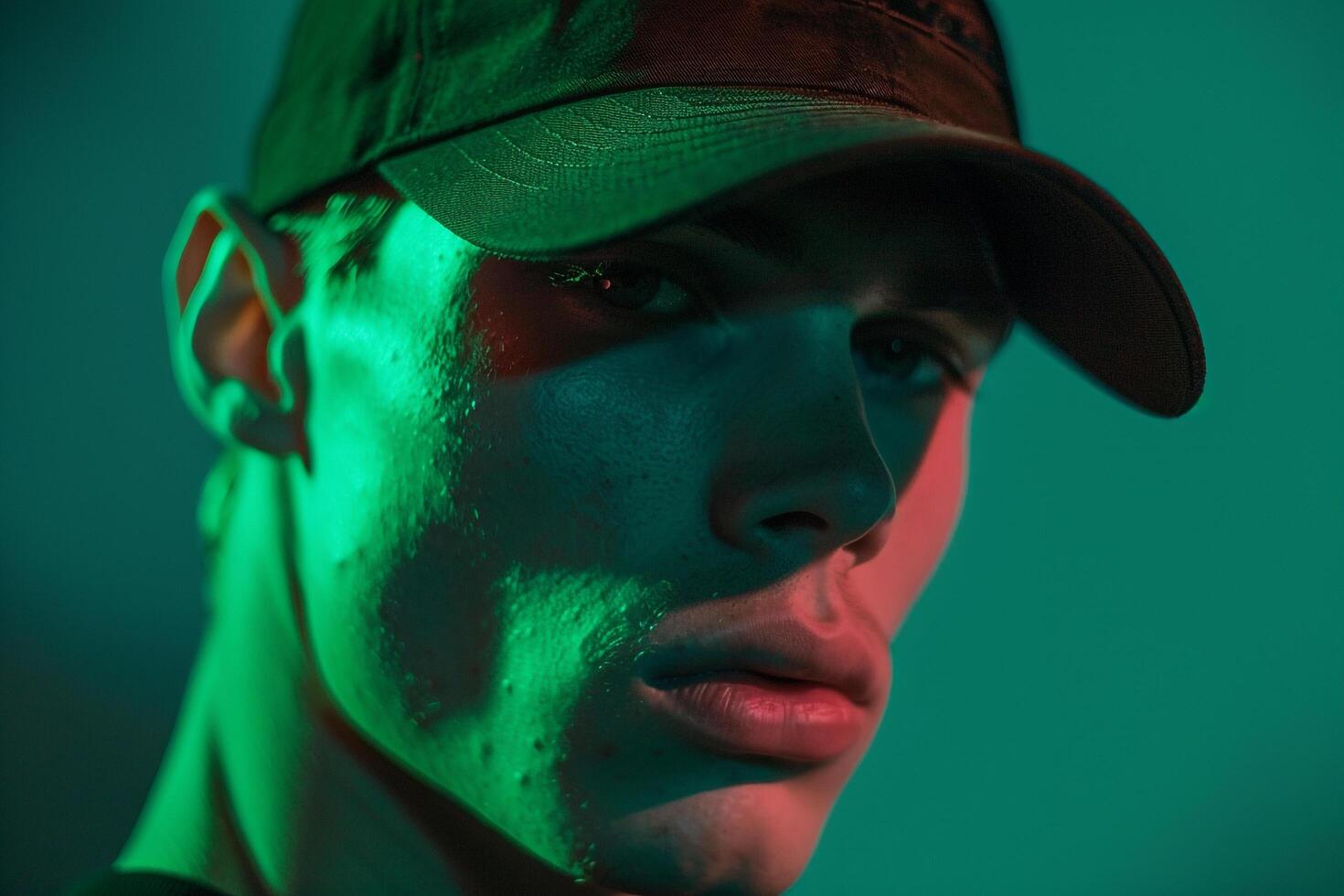 Stylish Male Model in Charcoal Cap with Neon Green Background Contemporary Lifestyle portrait photo