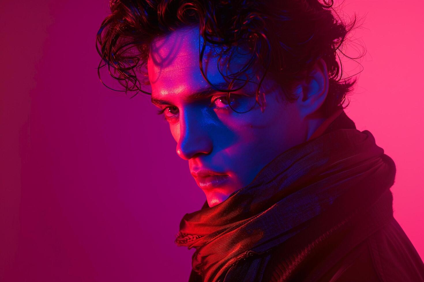 Fashionable Male Model in Burgundy Scarf with Neon Coral Background Stylish Lifestyle portrait for Male photo