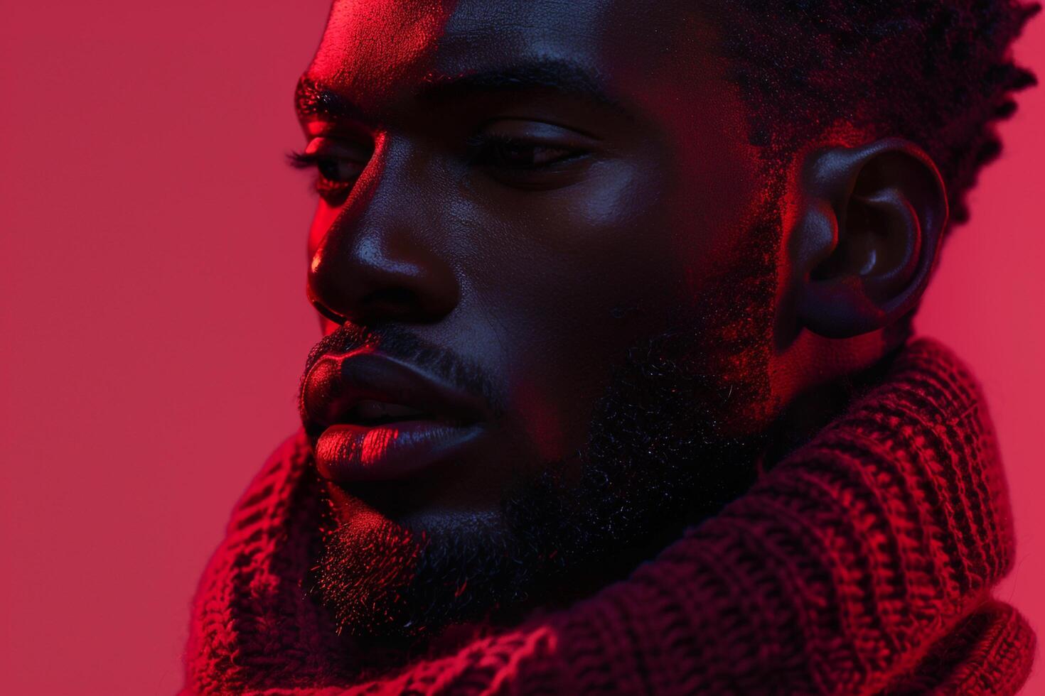 Trendy Male Model in Burgundy Scarf with Neon Coral Background Modern Lifestyle portrait photo