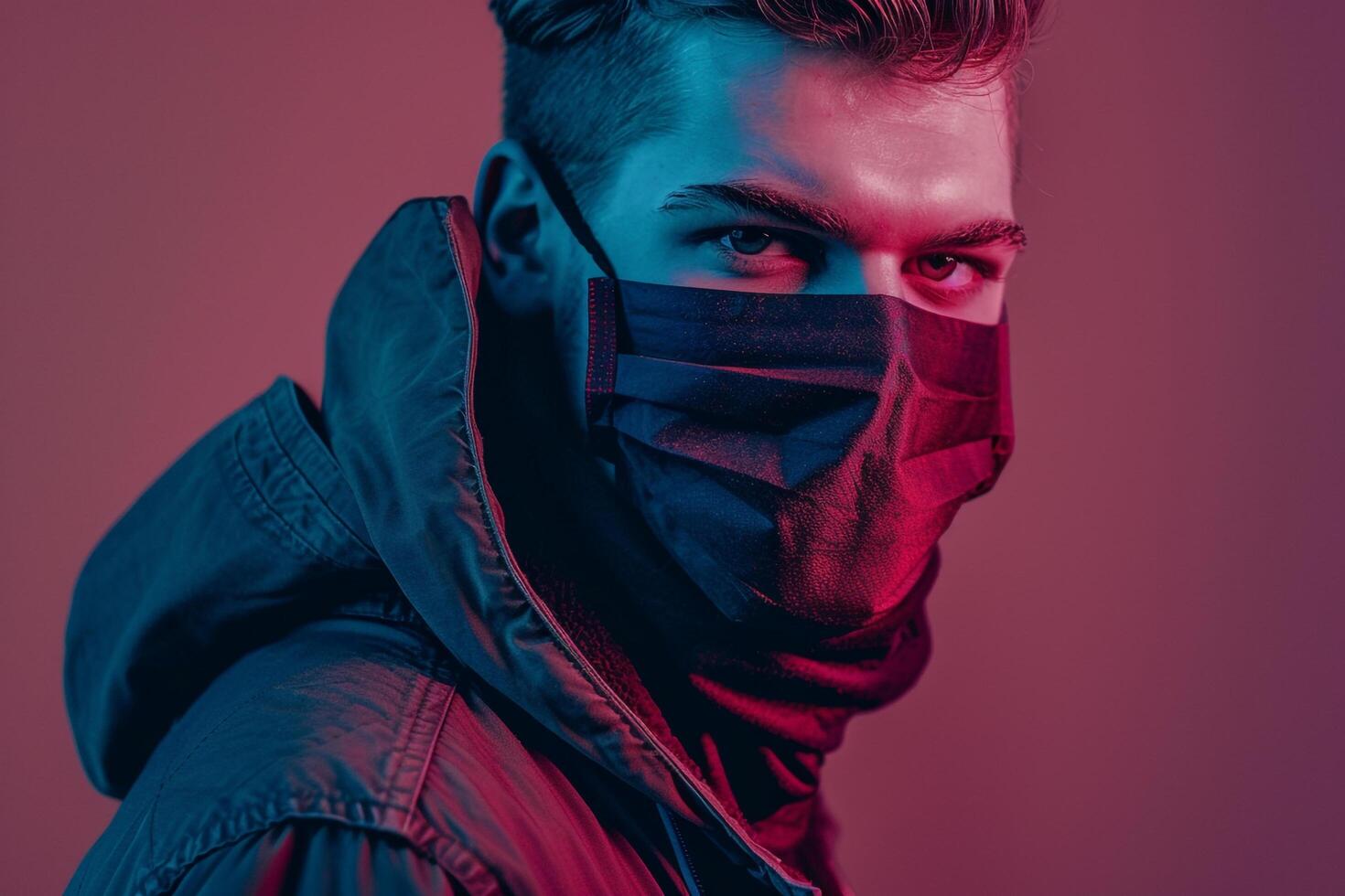 Modern Male Model in Burgundy Face Mask with Neon Aqua Background Trendy Lifestyle portrait photo