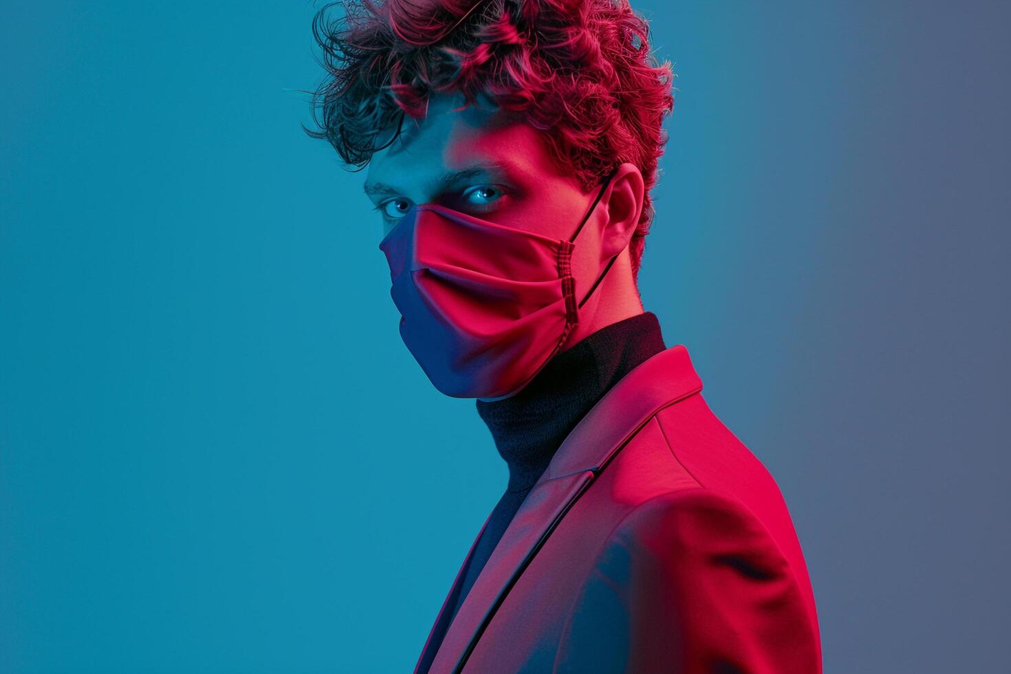 Modern Male Model in Burgundy Face Mask with Neon Aqua Background Stylish Lifestyle portrait photo