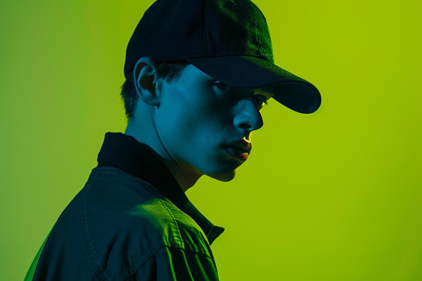 Modern Male Model in Charcoal Cap with Neon Green Background Contemporary Lifestyle portrait photo