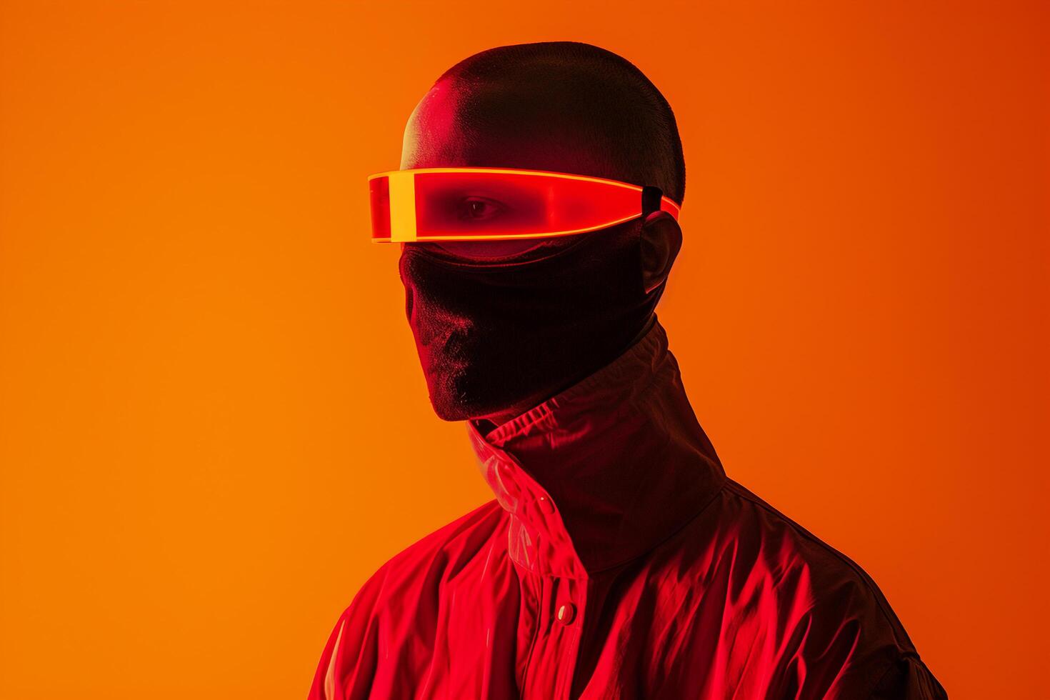 Modern Male Model in Burgundy Face Mask with Neon Orange Background Stylish Lifestyle portrait photo