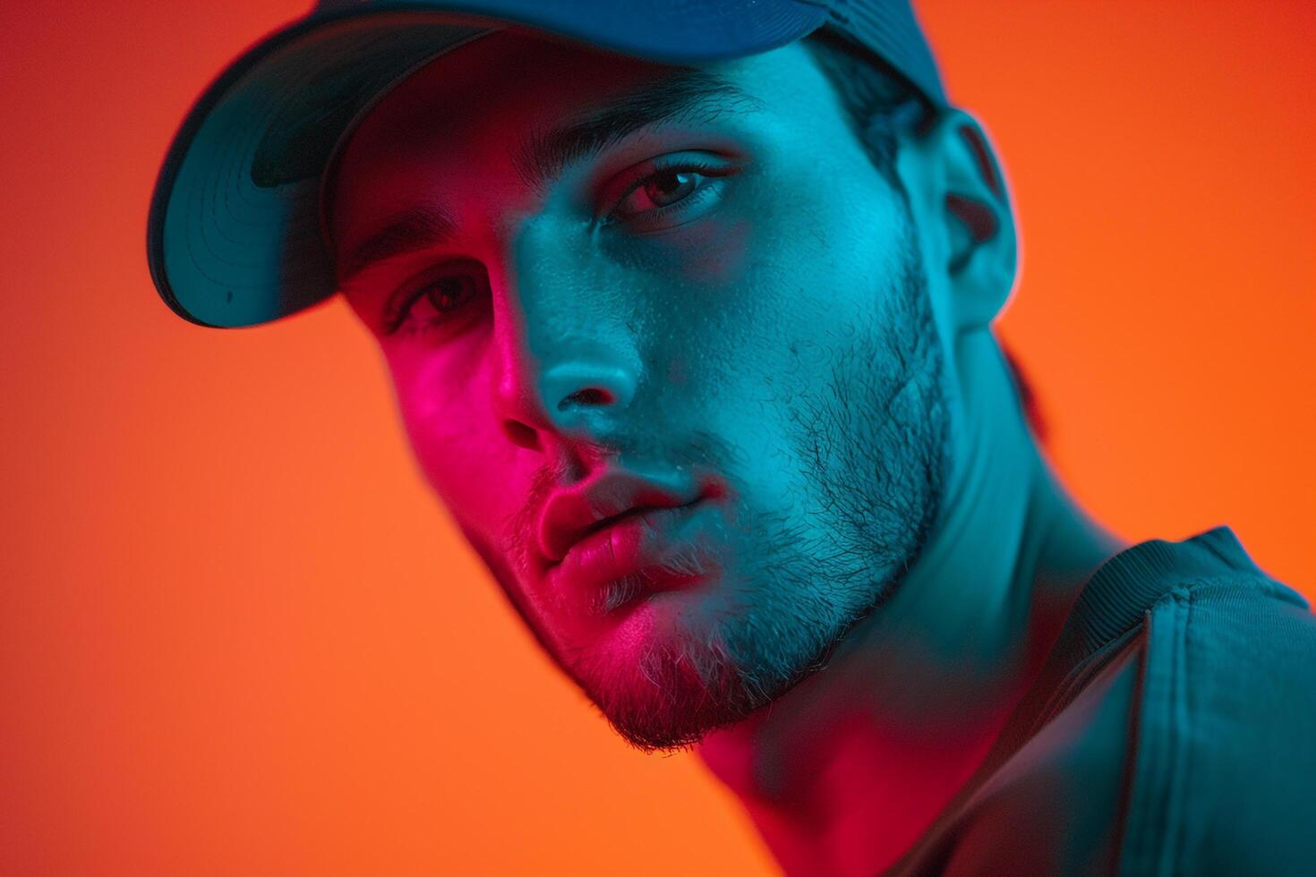 Trendy Male Model in Dark Green Cap with Neon Coral Background Modern Lifestyle portrait photo