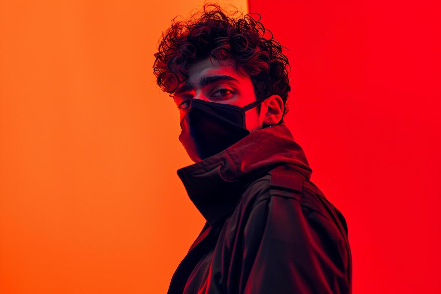 Fashionable Male Model in Burgundy Face Mask with Neon Orange Background Stylish Lifestyle portrait photo