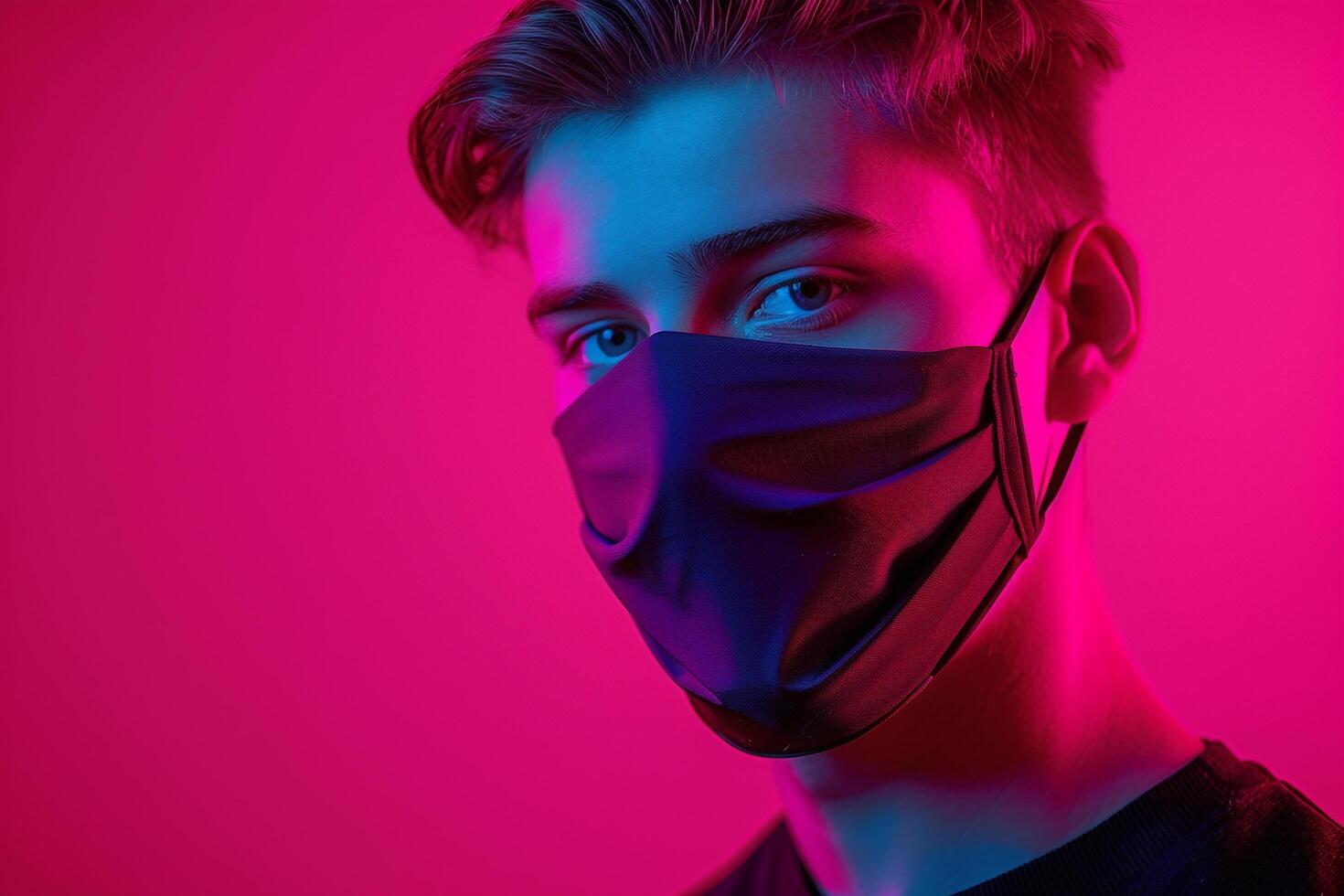 Trendy Male Model in Burgundy Face Mask with Neon pink Background Stylish Lifestyle portrait photo