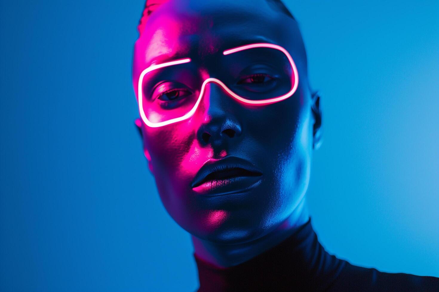 Fashionable Male Model in Burgundy Face Mask with Neon Blue Background Stylish Lifestyle portrait photo