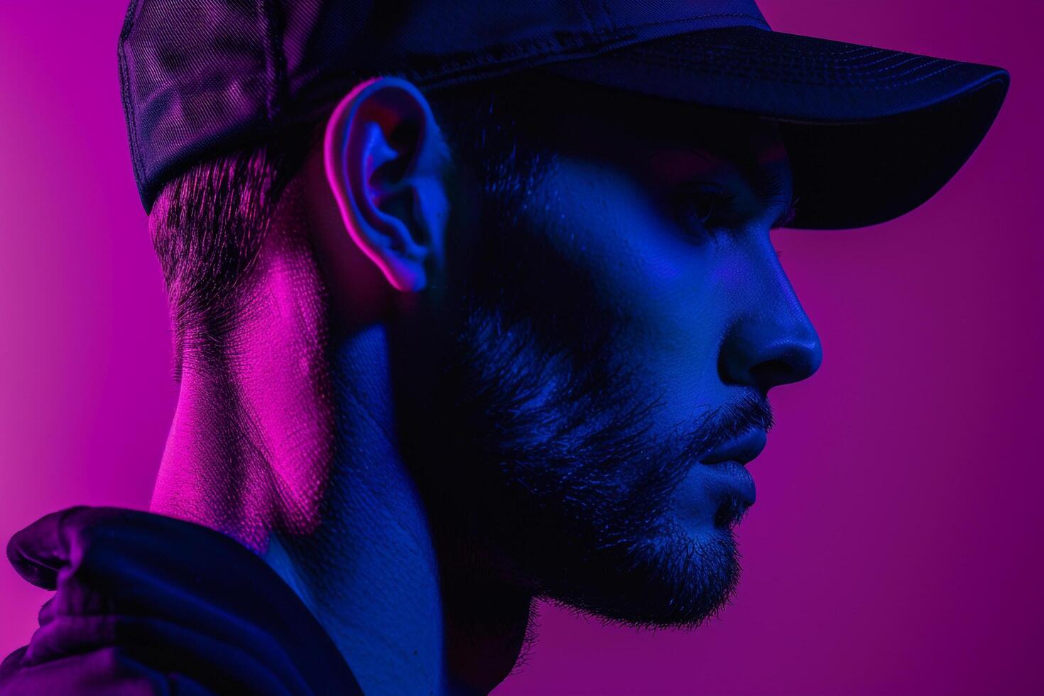 Modern Fashion Male Model in Cap with Neon purple Background Trendy Lifestyle portrait for Male photo