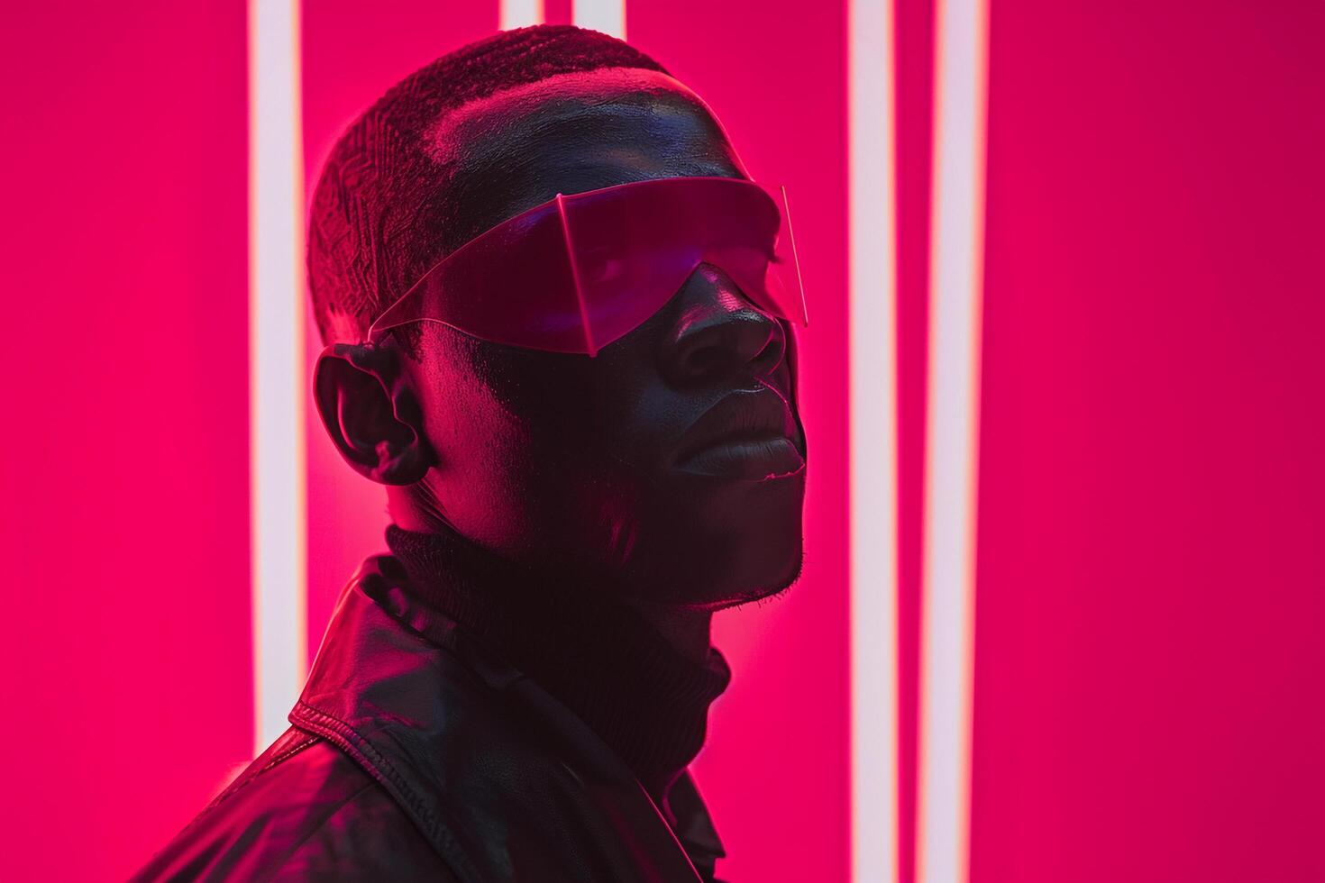 Fashionable Male Model in Burgundy Face Mask with Neon pink Background Contemporary Lifestyle portrait photo