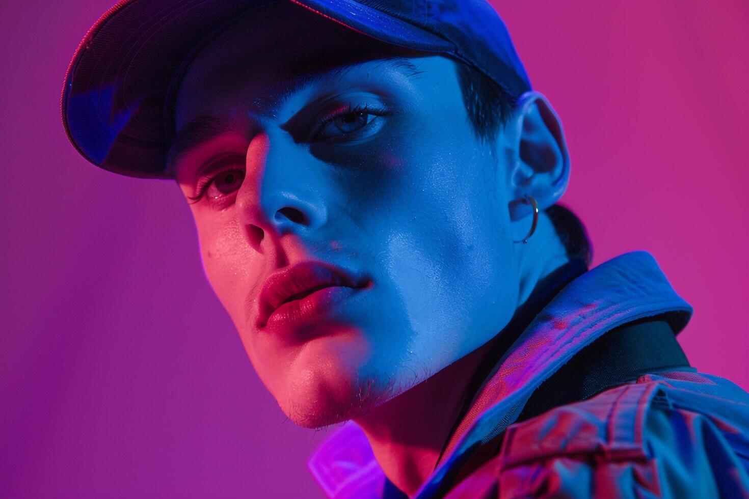 Modern Male Model in Cap with Neon purple Background Trendy Lifestyle portrait photo