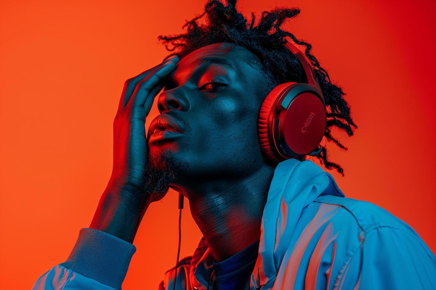 Fashionable Male Model in Burgundy Headphones with Neon Orange Background Stylish Lifestyle portrait photo