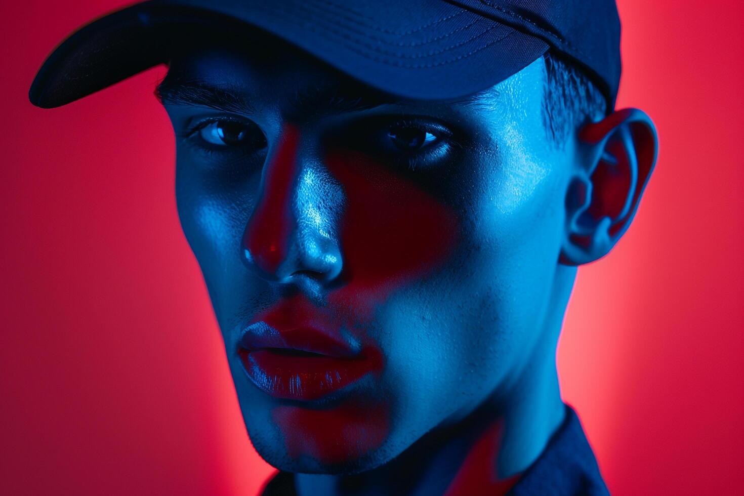 Stylish Fashion Male Model in Dark Blue Cap with Neon Coral Background Modern Lifestyle portrait photo