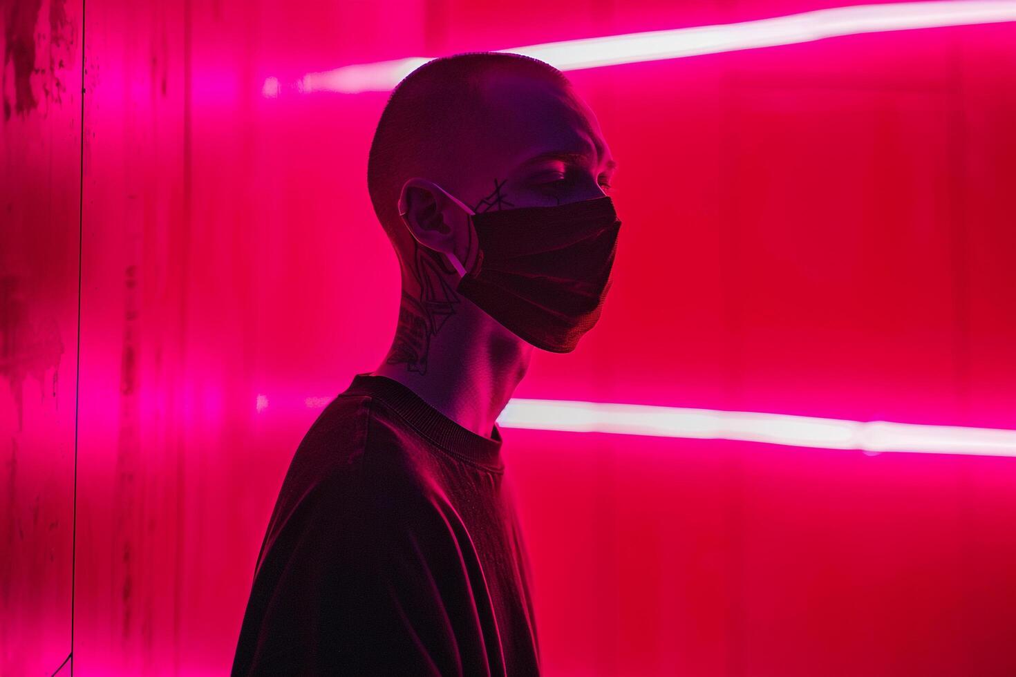 Fashionable Male Model in Maroon Face Mask with Neon pink Background Stylish Lifestyle portrait photo