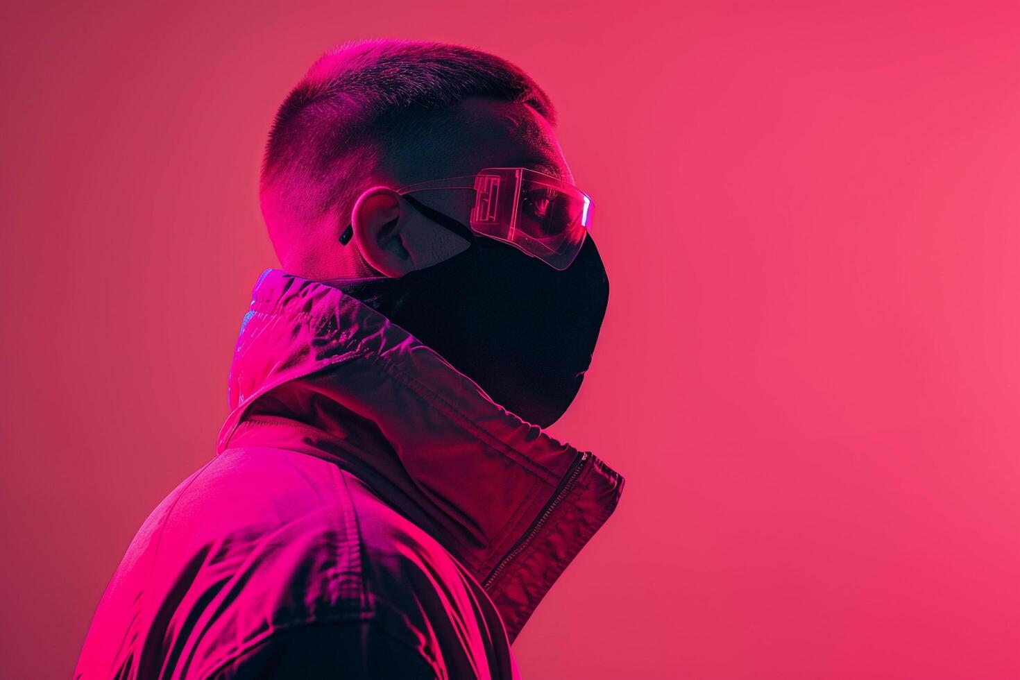 Stylish Male Model in Maroon Face Mask with Neon pink Background Trendy Lifestyle portrait photo
