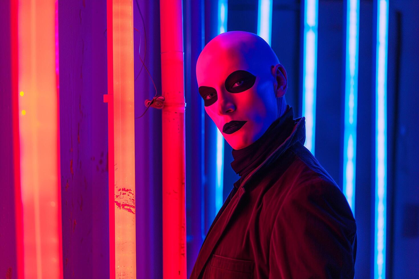 Trendy Fashion Male Model in Maroon Face Mask with Neon Blue Background Modern Lifestyle portrait photo