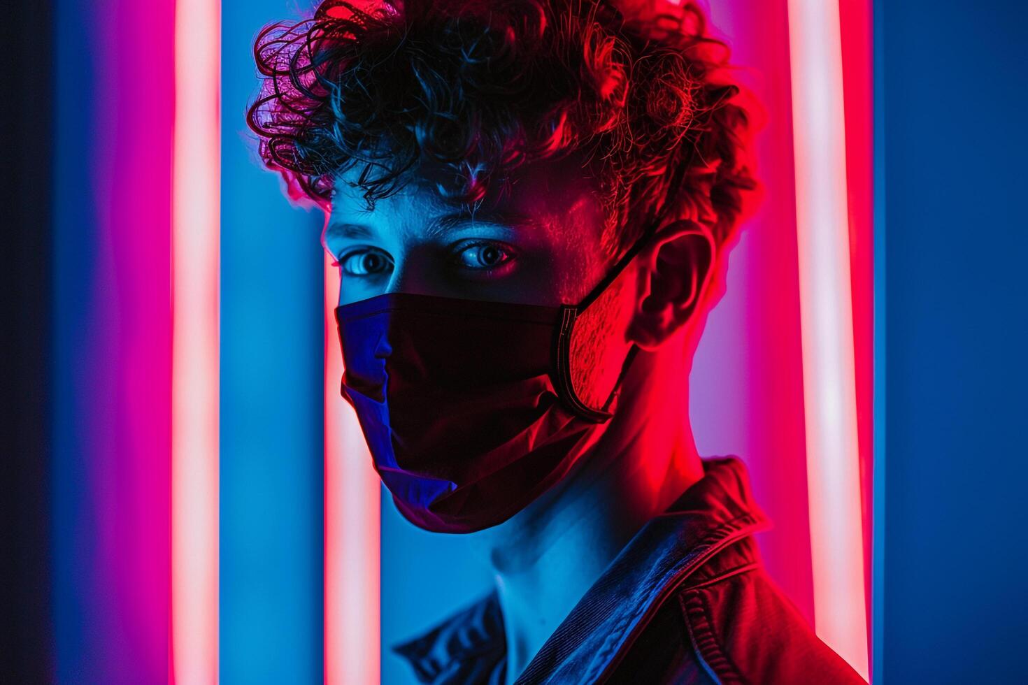 Trendy Male Model in Maroon Face Mask with Neon Blue Background Stylish Lifestyle portrait photo