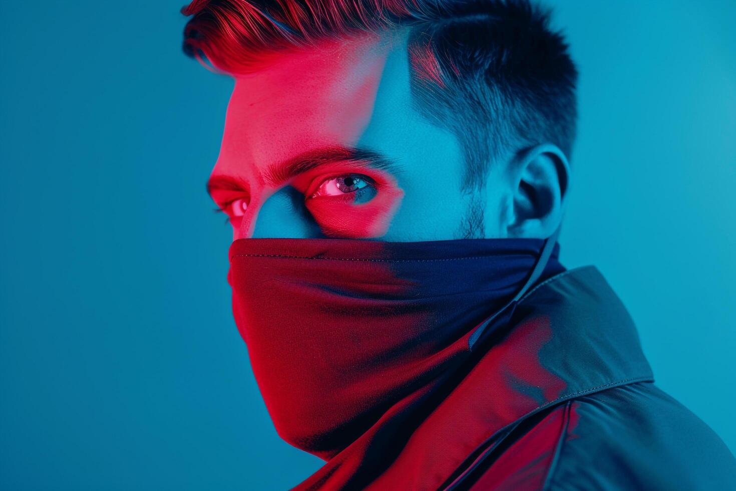 Trendy Fashion Male Model in Burgundy Face Mask with Neon Aqua Background Modern Lifestyle portrait photo