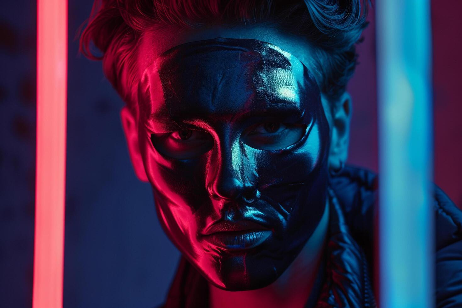 Stylish Male Model in Burgundy Face Mask with Neon Blue Background Trendy Lifestyle portrait photo