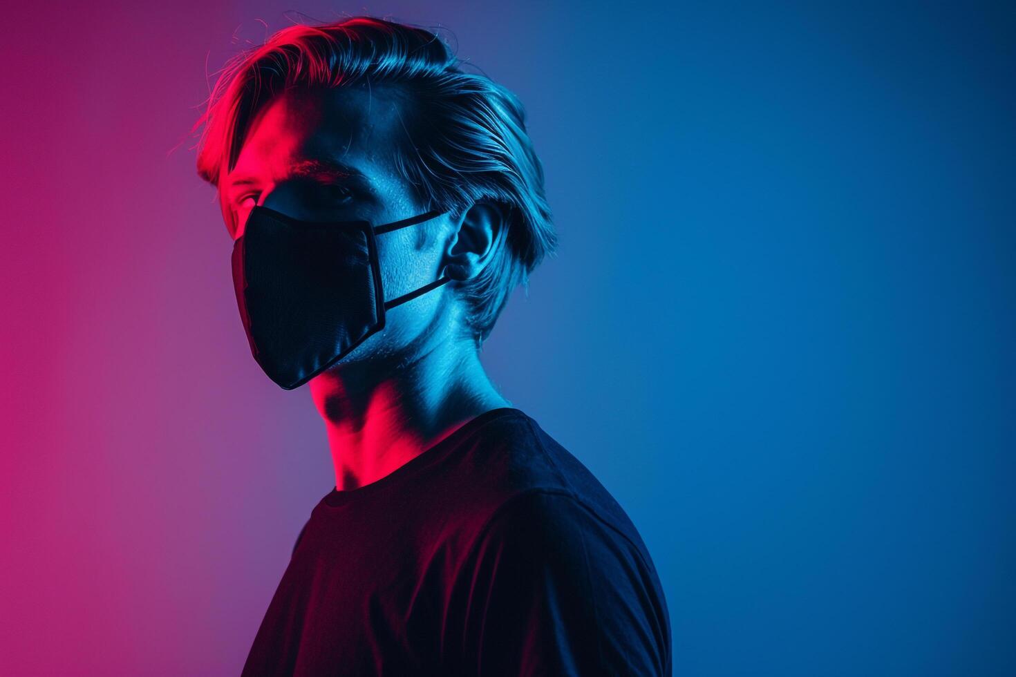 Trendy Male Model in Burgundy Face Mask with Neon Blue Background Modern Lifestyle portrait photo