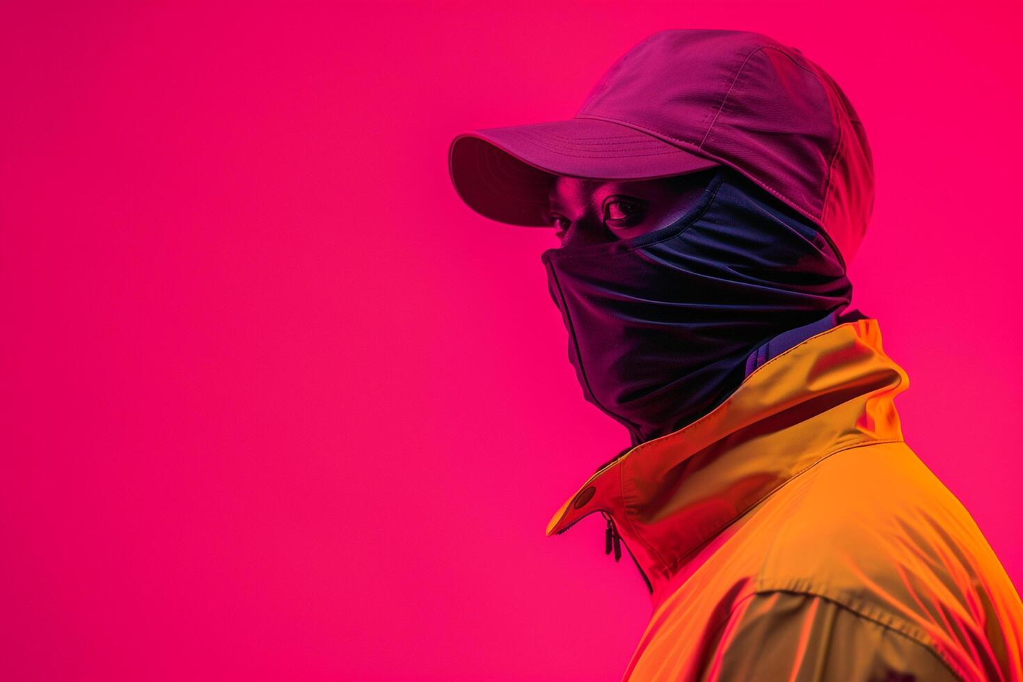 Trendy Fashion Male Model in Burgundy Face Mask with Neon pink Background Stylish Lifestyle portrait photo