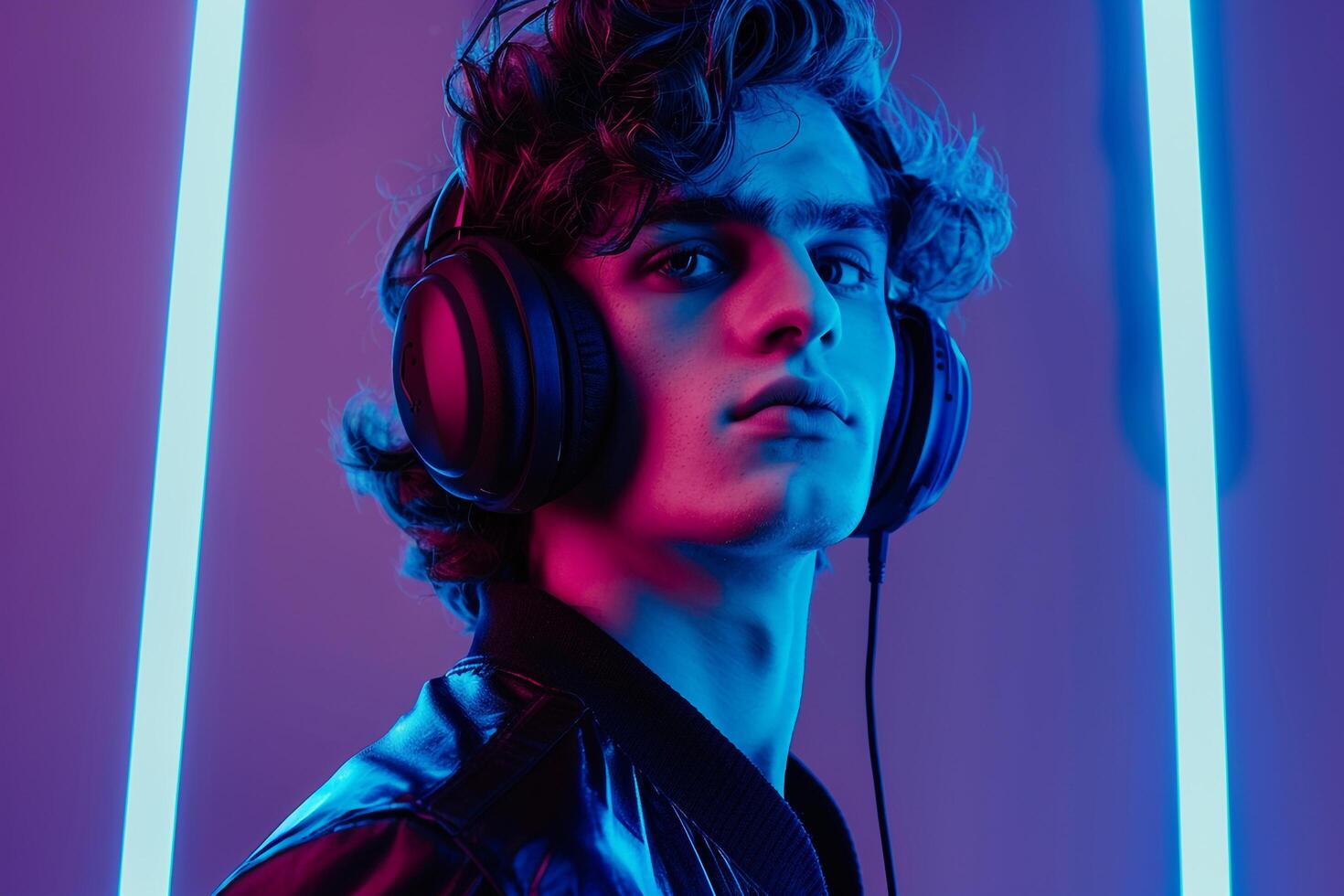 Modern Male Model in Black Headphones with Neon Blue Background Stylish Lifestyle portrait photo