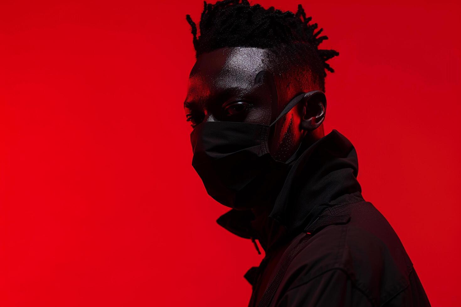 Modern Male Model in Black Face Mask with Neon Red Background Stylish Lifestyle portrait photo