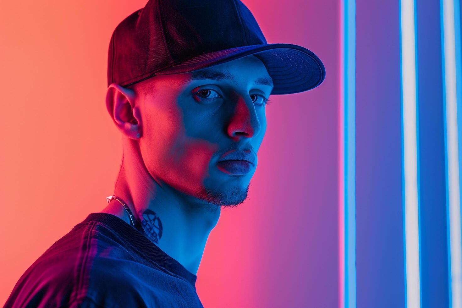 Stylish Male Model in Black Cap with Neon Blue Background Contemporary Lifestyle portrait photo