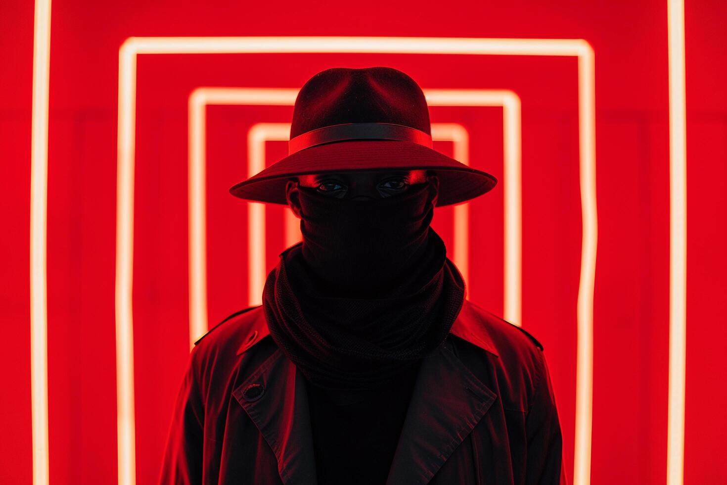 Stylish Male Model in Black Face Mask with Neon Red Background Modern Lifestyle portrait photo