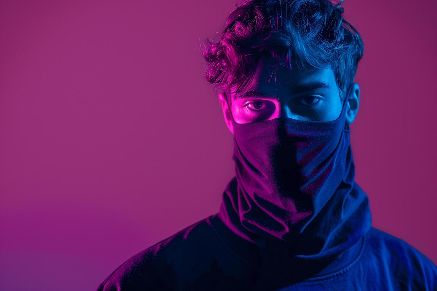 Trendy Male Model in Maleswear and Neon purple Face Mask Captured in a Stylish Lifestyle portrait Setting photo
