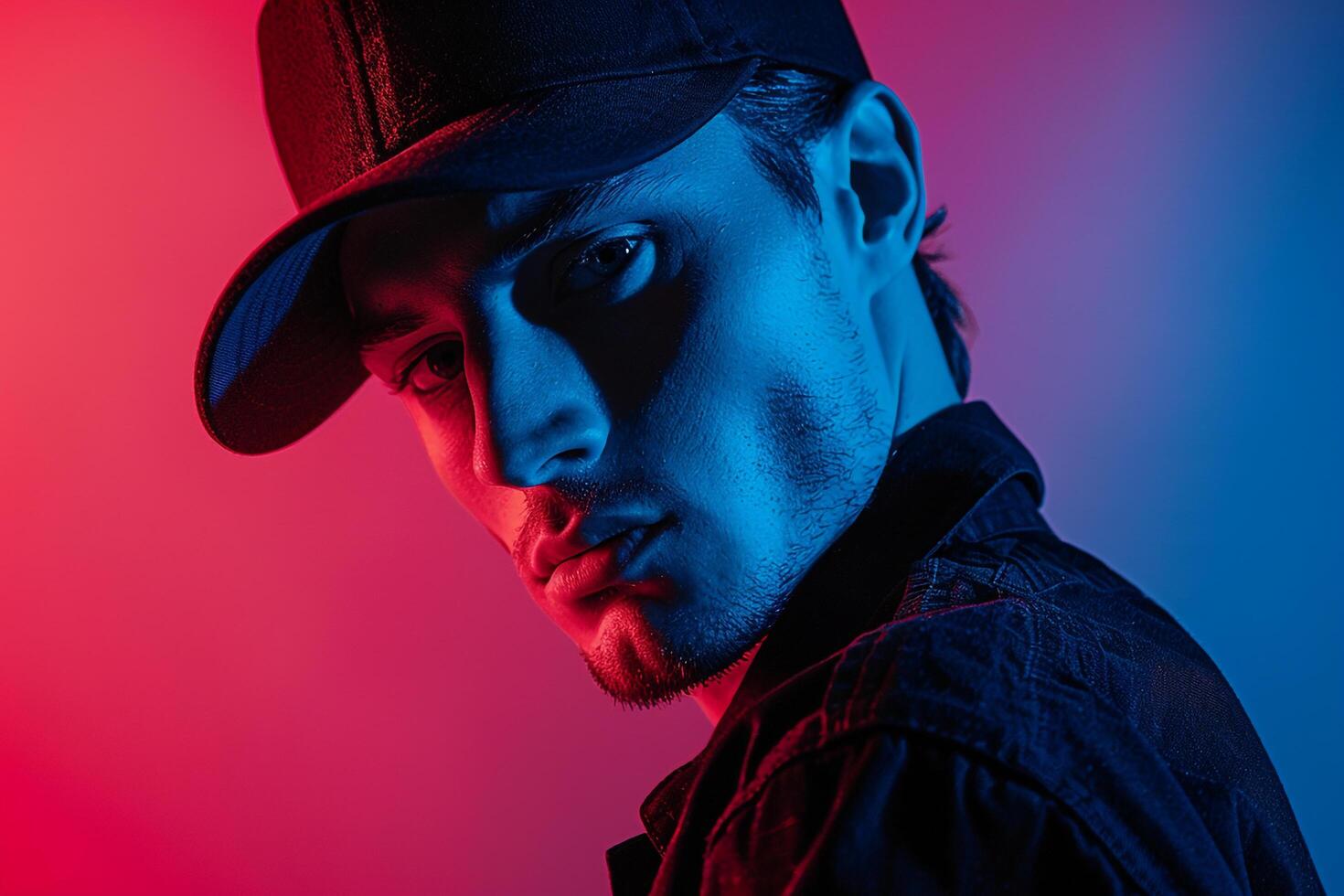 Handsome Male Model in Black Cap with Neon Blue Highlights Captured in a Trendy Lifestyle portrait Background photo