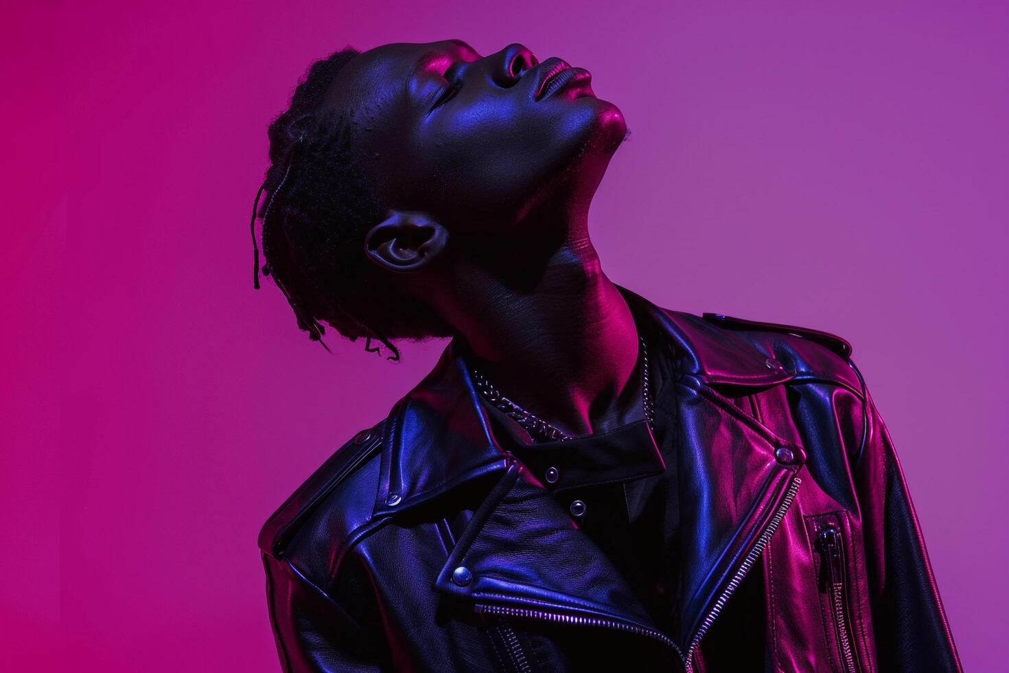 Trendy Male Model in Black leather Jacket with Neon purple portrayed in a Modern Lifestyle portrait Background photo