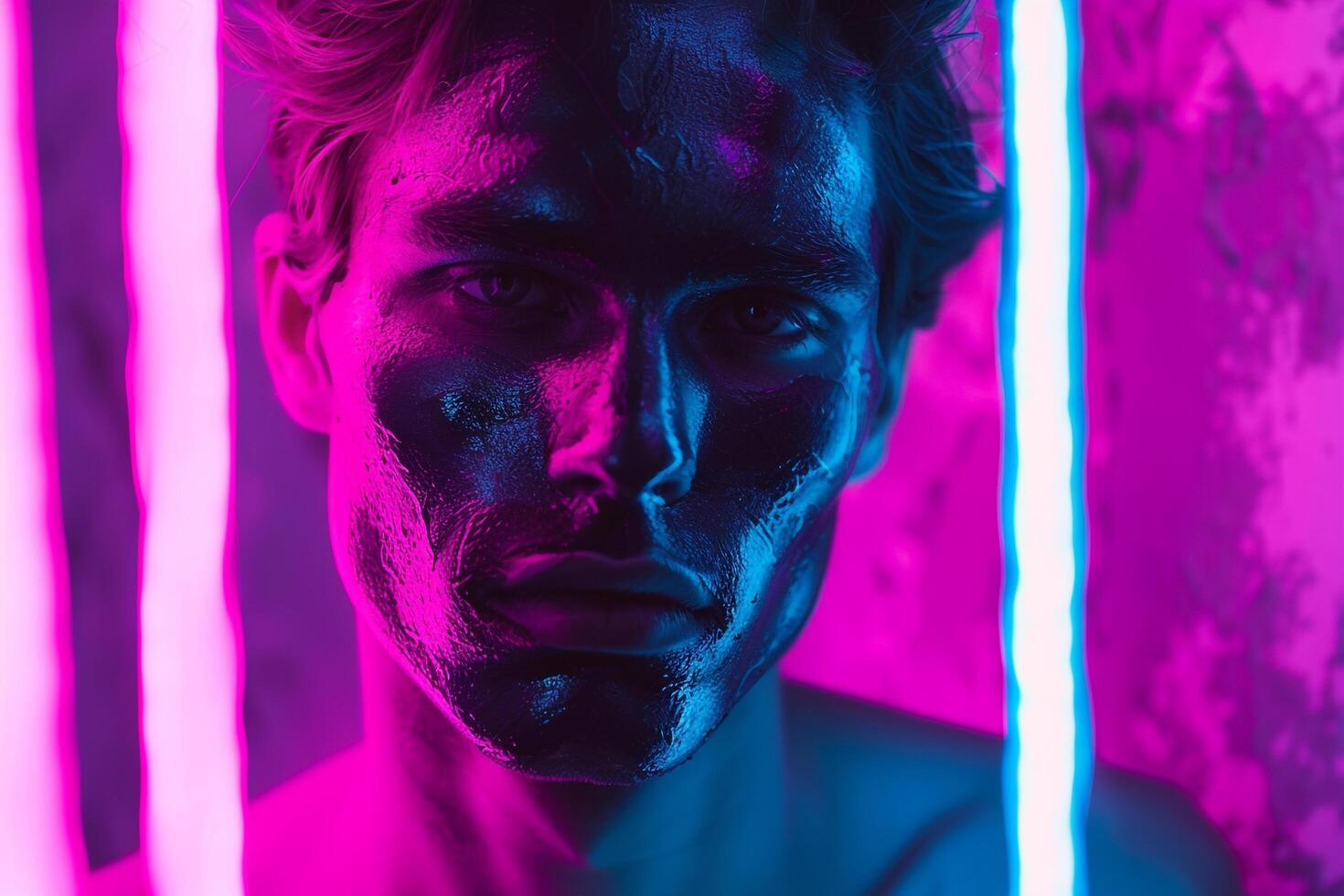 Modern Male Model in Maleswear Face Mask with Neon purple Accents Featured in a Trendy Lifestyle portrait Background photo